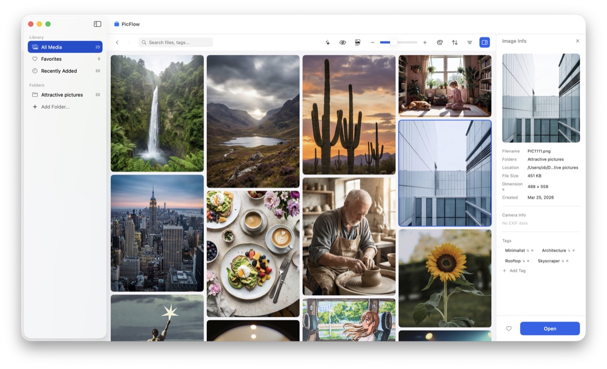 PicFlow photo grid with info panel